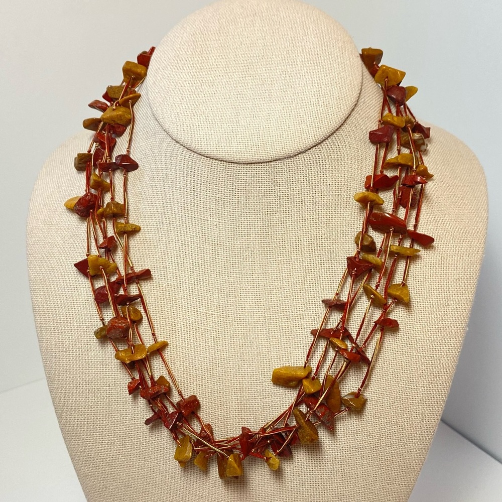 Vintage‎ Red Yellow Jasper Chip Hand Knotted 6 Strand Thread Necklace 18.5"